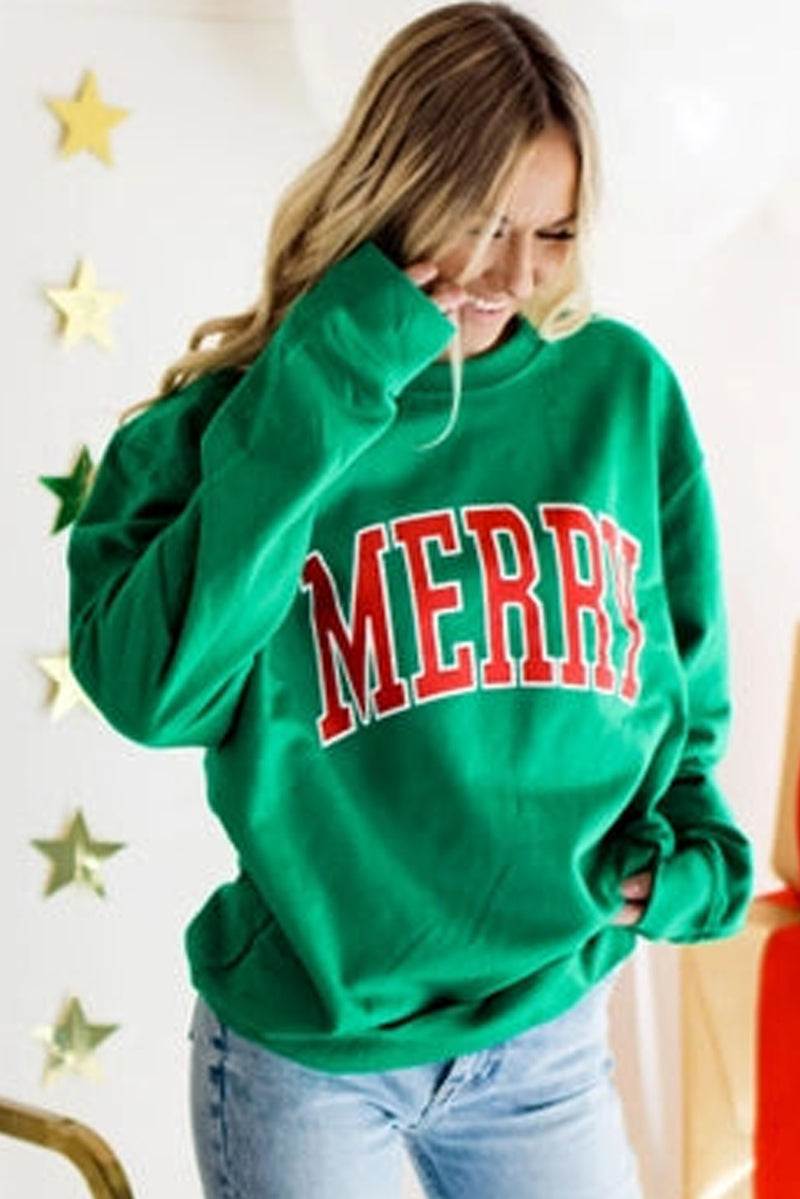 Green MERRY Print Drop Sleeve Pullover Sweatshirt