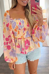 Pink Floral Print Smocked Square Neck Peplum Blouse