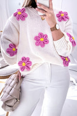 White Plus Size 60s Flower Drop Shoulder Knit Sweater