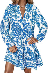 Sky Blue Ethnic Print Button Up Notch Neck Loose Mini Dress