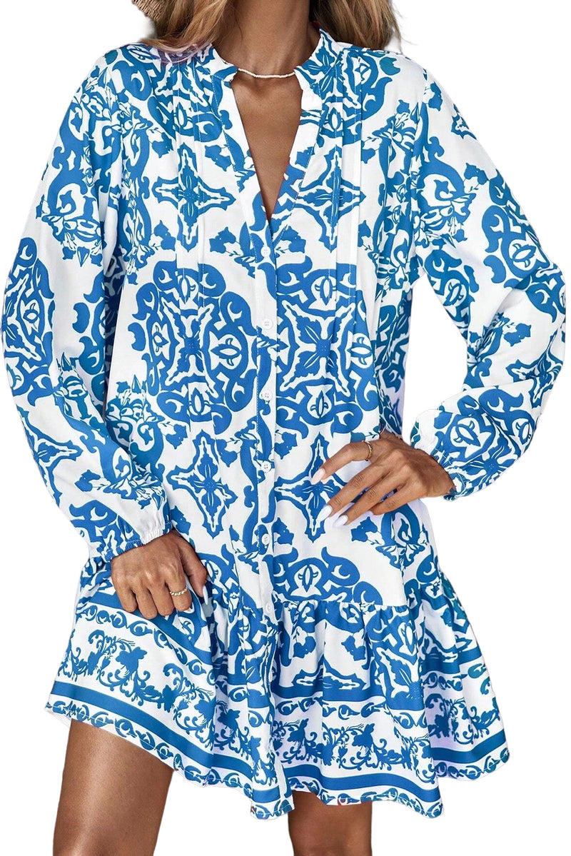 Sky Blue Ethnic Print Button Up Notch Neck Loose Mini Dress