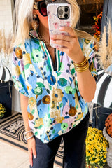 Light Blue V-Neck Floral Print Boho Blouse