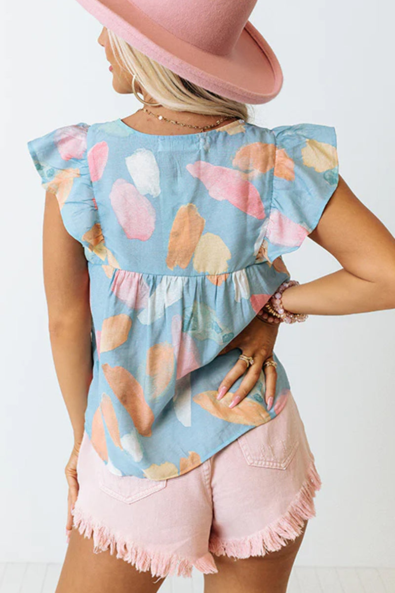 Light Blue Abstract Print Ruffle Sleeveless Blouse