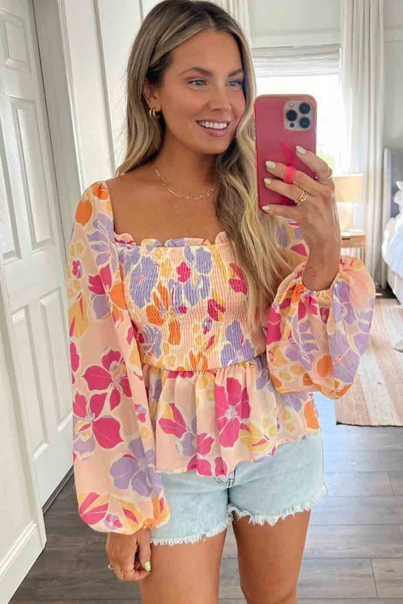 Pink Floral Print Smocked Square Neck Peplum Blouse