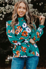 Green Mock Neck Top Floral Print Long Sleeve Silk Blouse