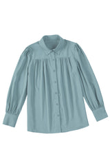 Light Blue Solid Color Button Up Puff Sleeve Casual Pleated Shirt