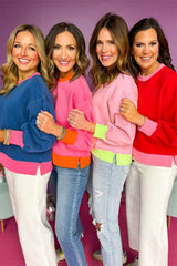 Pink Contrast Trim Bubble Sleeve Sweatshirt