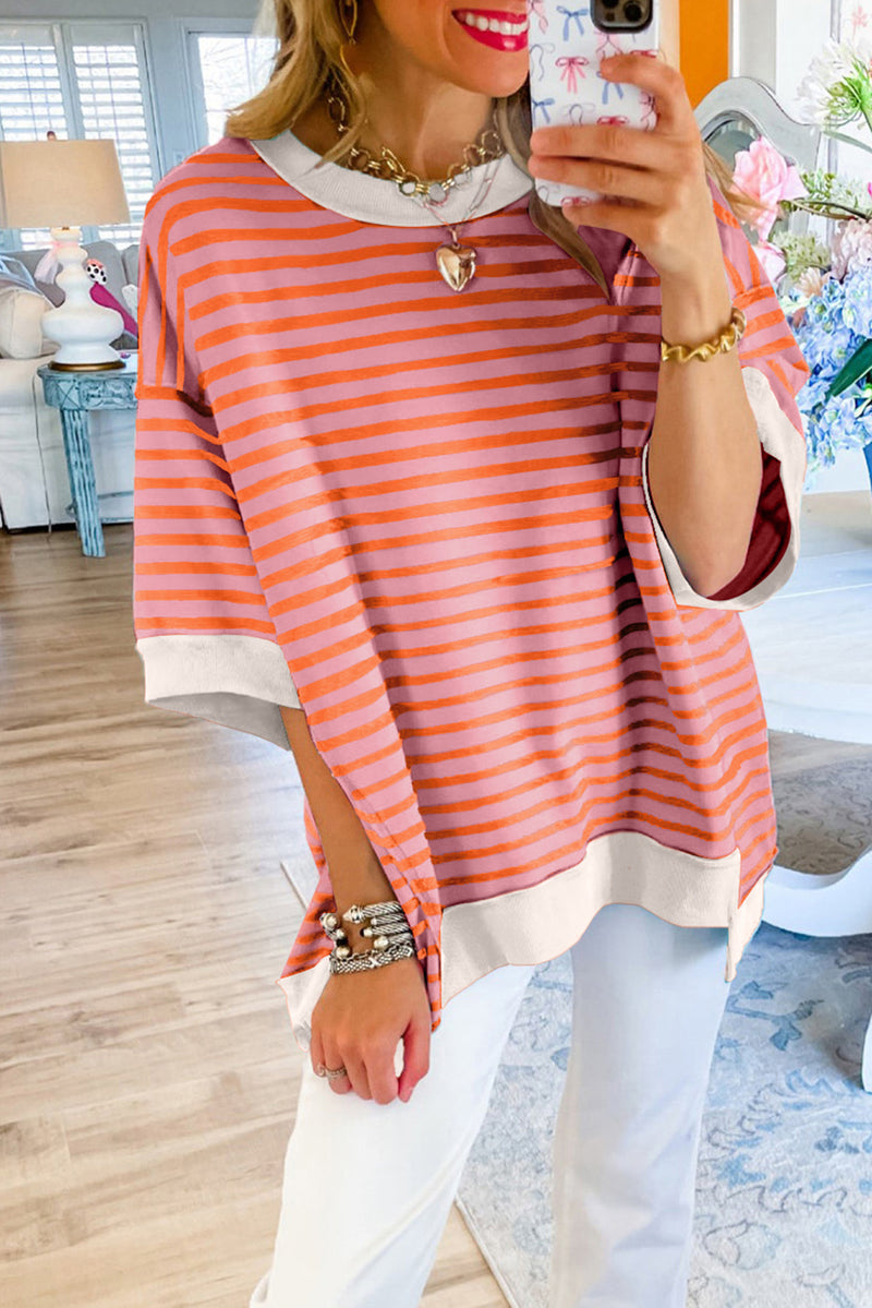 Multicolour Stripe Contrast Trim Drop Sleeve Loose Top