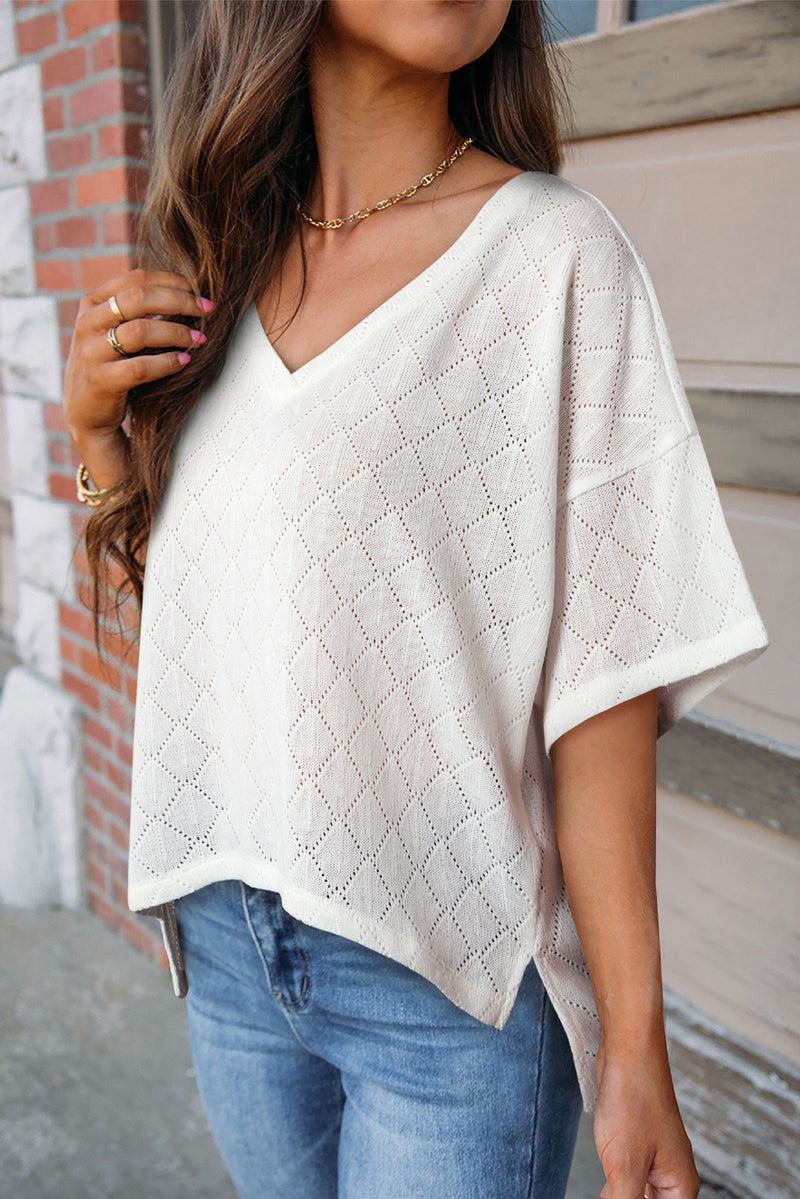 White V Neck Side Slits Knitted Flowy Oversized Blouse