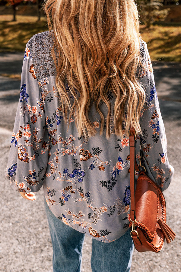 Sky Blue Floral Print Lace Patchwork Knot Front V Neck Blouse