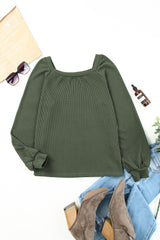 Brown Waffle Texture Casual Square Neck Pullover Top