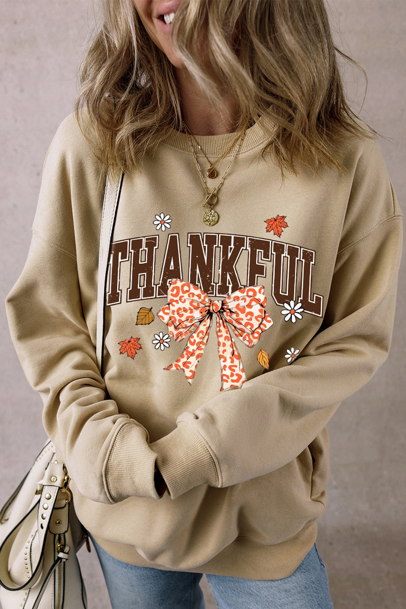 Parchment THANKFUL Leopard Bow Fall Vibe Graphic Sweatshirt