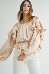 Oatmeal Elegant Satin Ruffle Peplum Blouse