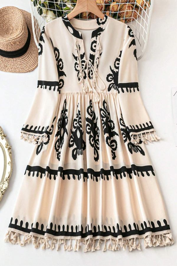 Beige Ethnic Print Notch V Neck Fringe Mini Dress