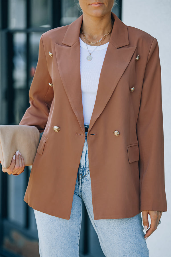 Double Breasted Lapel Neck Flap Pocket Casual Brown Blazer for Women