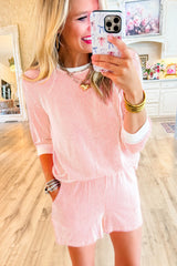 Pink Corded Contrast Trim Long Sleeve Top and Shorts Set