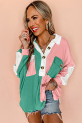 Pink Colorblock Patchwork Ribbed Oversized Henley Sweatshirt