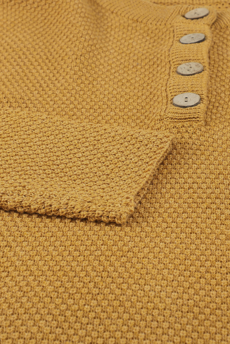 Yellow Drop Shoulder Henley Pullover Sweater With Slits