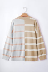 Khaki Stripe Exposed Seam Patchwork Loose Sweatshirts