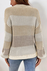 Brown Colorblock Lantern Sleeve Rib Knitted Sweater