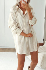 Beige Lace Crochet Collared Button Up Oversized Shirt