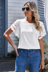 White Eyelet Butterfly Sleeve Business Casual Top