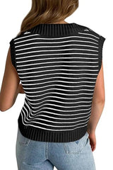 Black Stripe Turn-down Collar Sleeveless Knitted Top