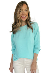 Aruba Blue Plain Crinkle Ribbed Round Neck Top