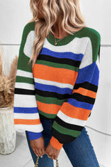 Multicolor Striped Knit Drop Shoulder Lantern Sleeve Sweater