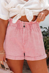 Dusty Pink Vintage Washed Frilled High Waist Denim Shorts