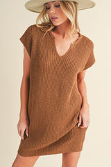 Camel V Neck Loose Fit Mini Knitted Dress