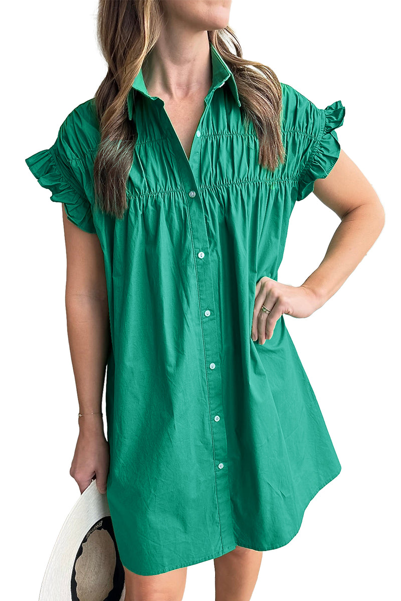 Bright Green Shirred Ruffle Sleeve Button Up Shirt Dress