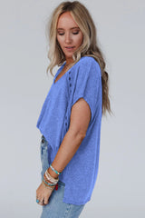 Sky Blue Solid Color Crochet Lace Detail Oversized Tee