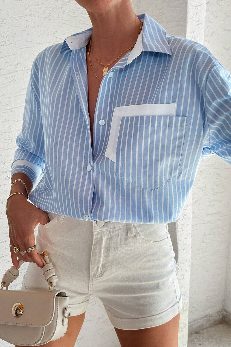 Sky Blue Stripe Contrast Patch Pocket Casual Shirt