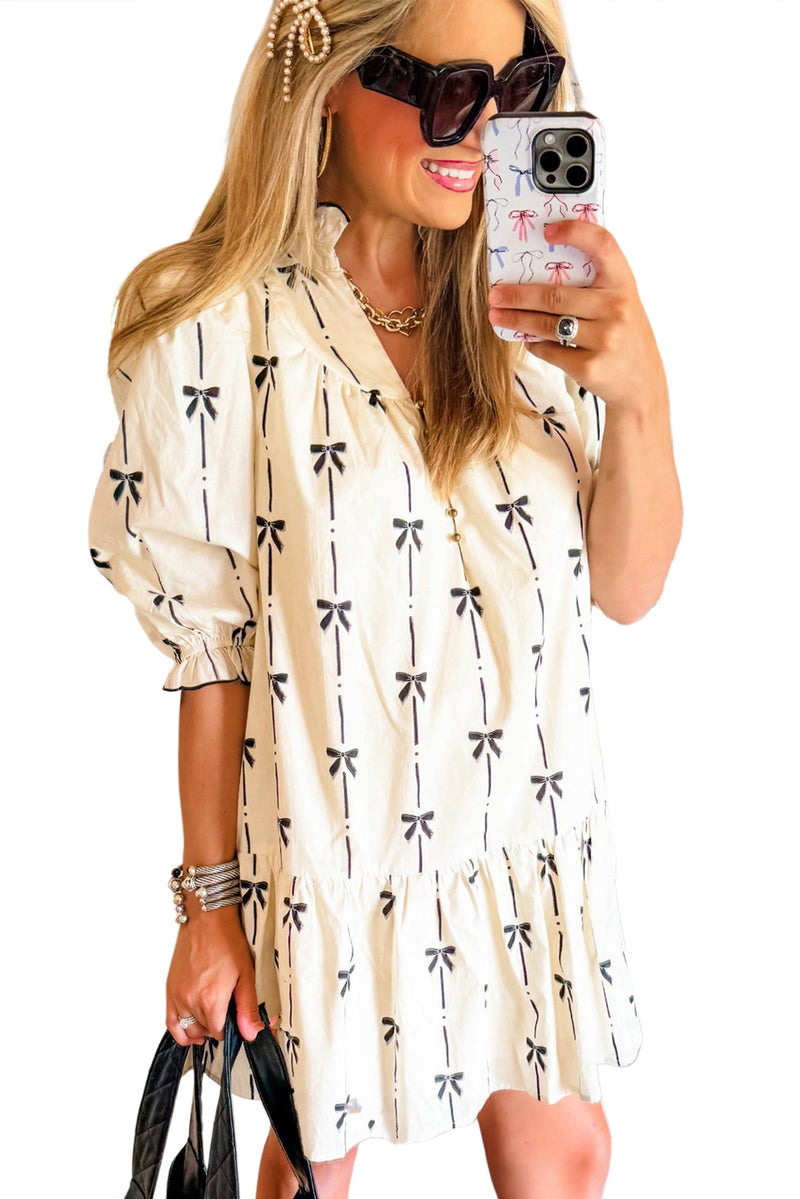 Beige Cute Bowknot Printed Bubble Sleeve V Neck Mini Dress