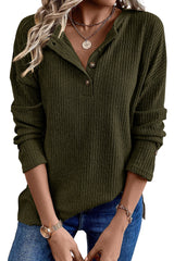 Rose Drop Shoulder Ribbed Knit Long Sleeve Henley Top