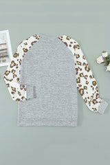 Grey Raglan Sleeve Cheetah Print Sleeve Long Sleeve Shirt