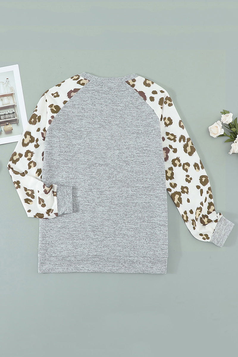 Grey Raglan Sleeve Cheetah Print Sleeve Long Sleeve Shirt