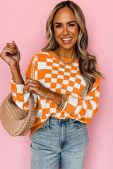 Carrot Checkered Drop Shoulder Round Neck Sweater