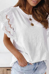 White Eyelet Butterfly Sleeve Business Casual Top