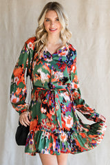 Abstract Print Waist Belted Flounce Hem Split V Neck Long Sleeve Dress