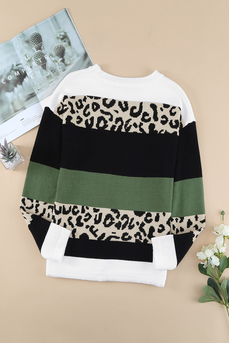 Green Leopard Color Block Casual Knit Pullover Sweater