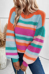 Multicolor Striped Knit Drop Shoulder Lantern Sleeve Sweater