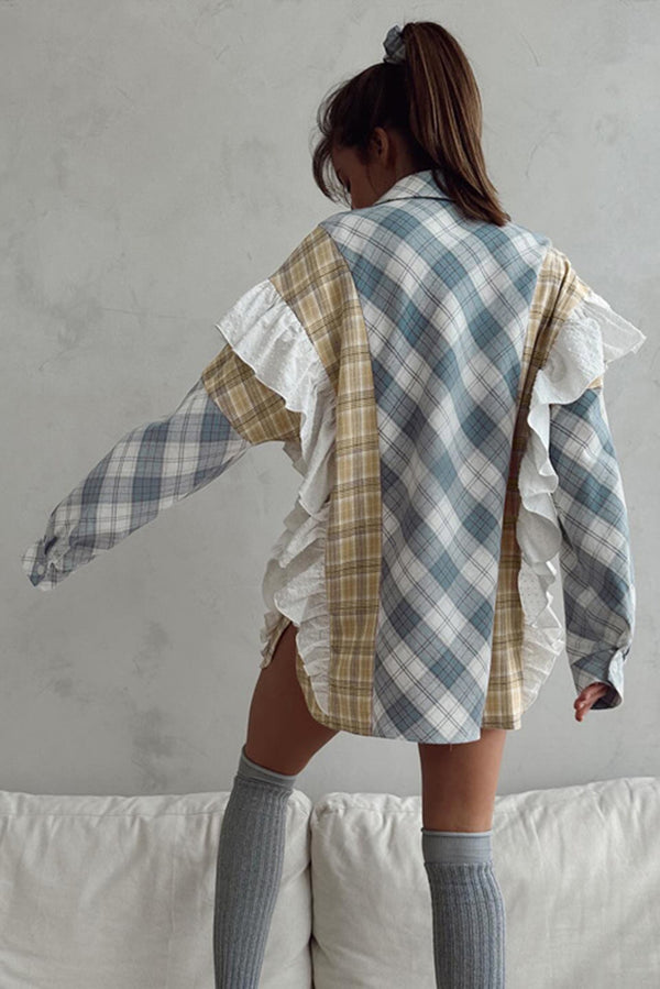 Sky Blue Plaid Print Patchwork Ruffle Shirt