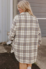 White Plaid Print Tunic Side Slits Plus Size Shacket