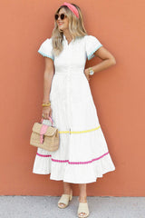 Wholesale White High Waist Short Sleeve Tiered Shirt Dress