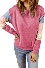 Rosy Color Block Casual Drop Sleeve Sweatshirt