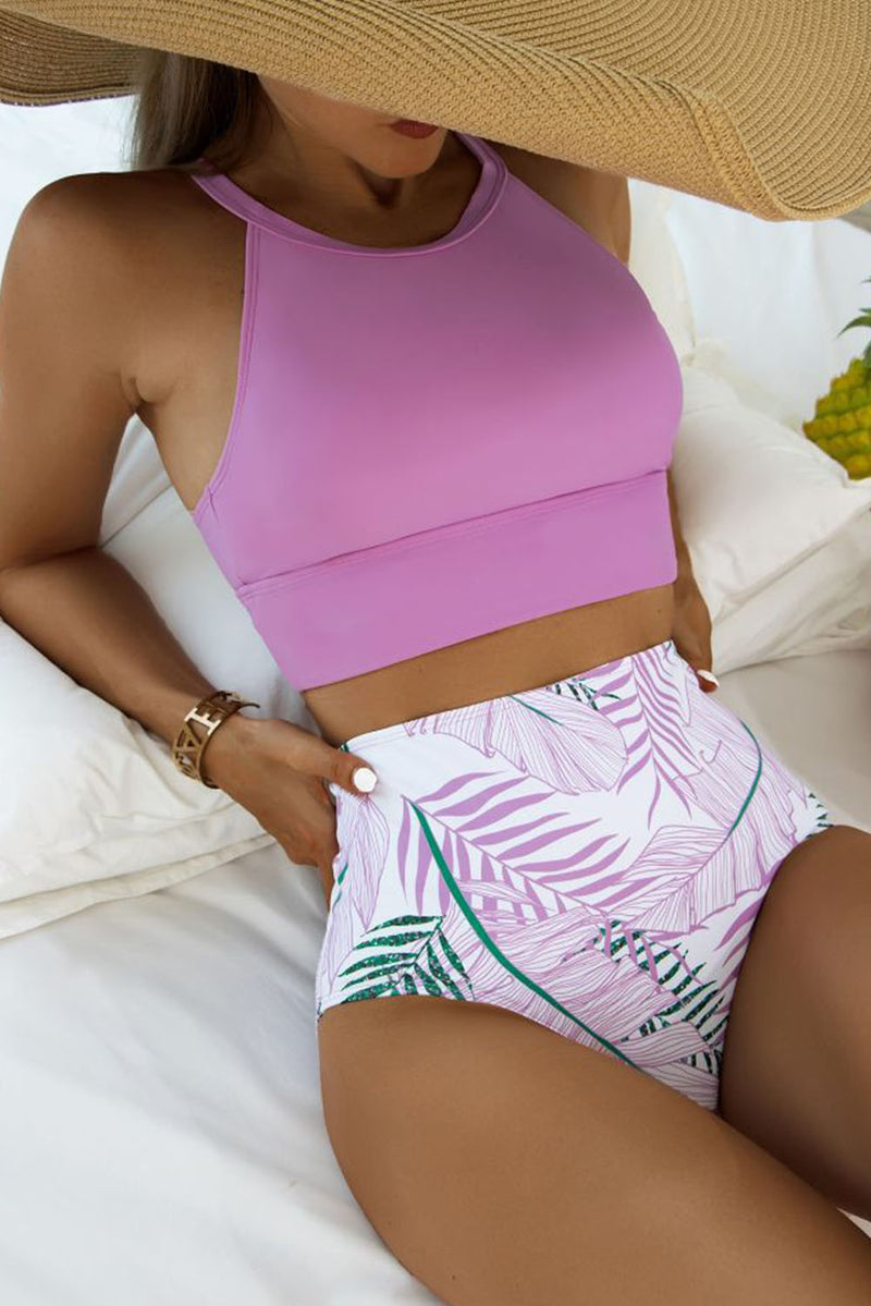 Purple Tropical Print Back Split High Waisted Swimsuit