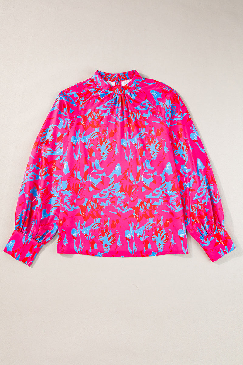 Purple Abstract Mock Neck Puff Sleeve Blouse