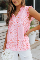 Pink Boho Floral Frill Trim Sleeveless Shirt